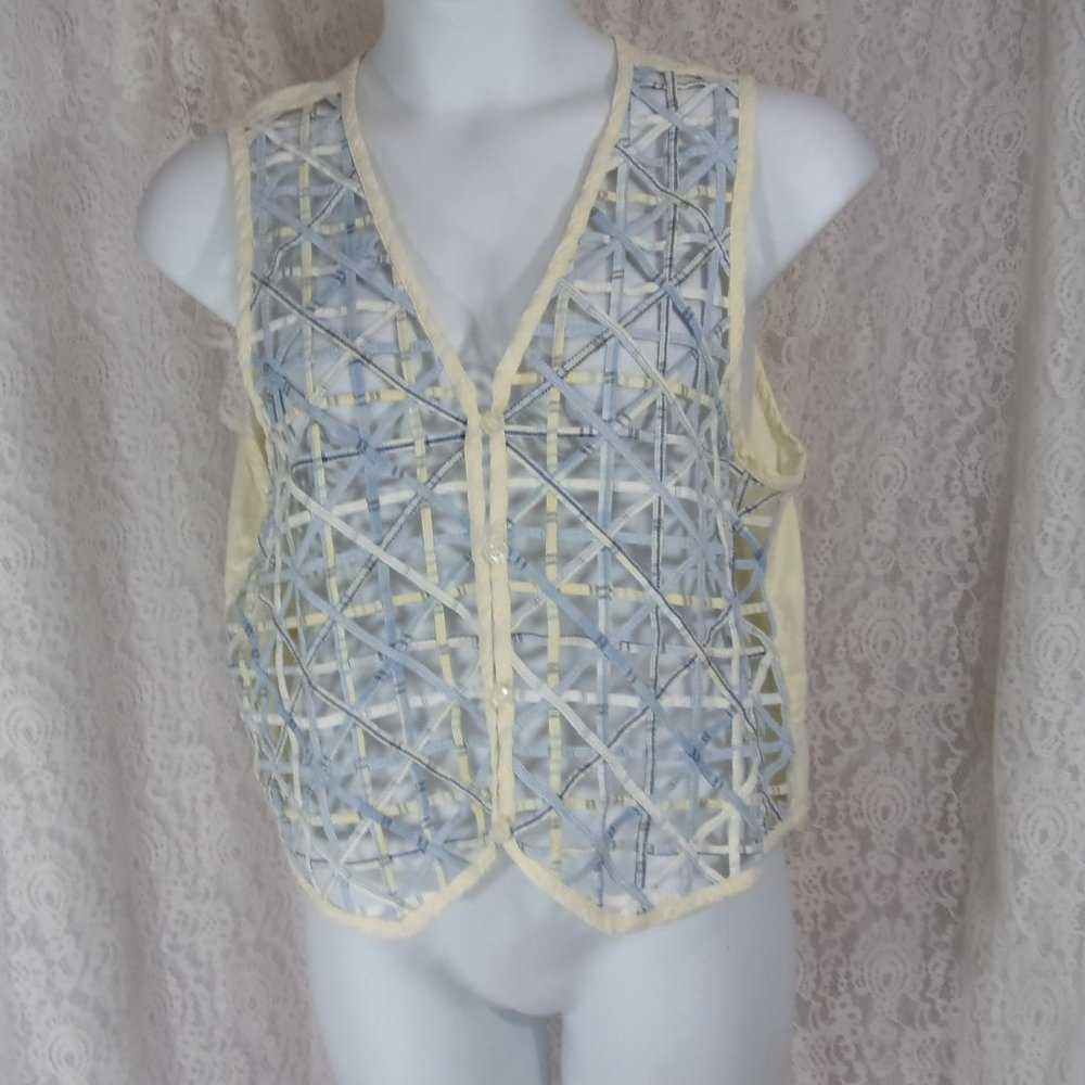 Vintage  Casey & Max Woven Strip Vest Ivory and Blue Size L